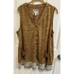 Logo By Lori Goldstein XL Gold Button Vest Gray Lace Sheer Hem Pockets New